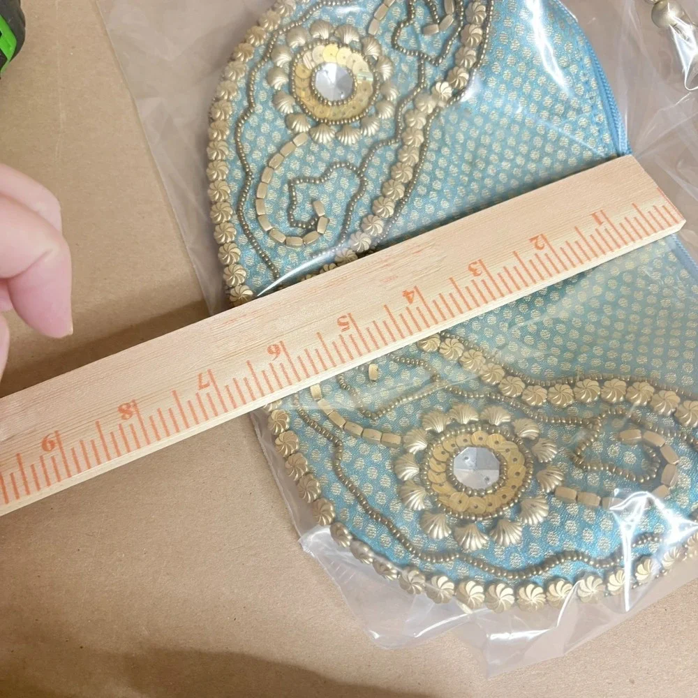 Boho Beaded Evening Clutch Purse India Handmade Blue Gold Wristlet Bag